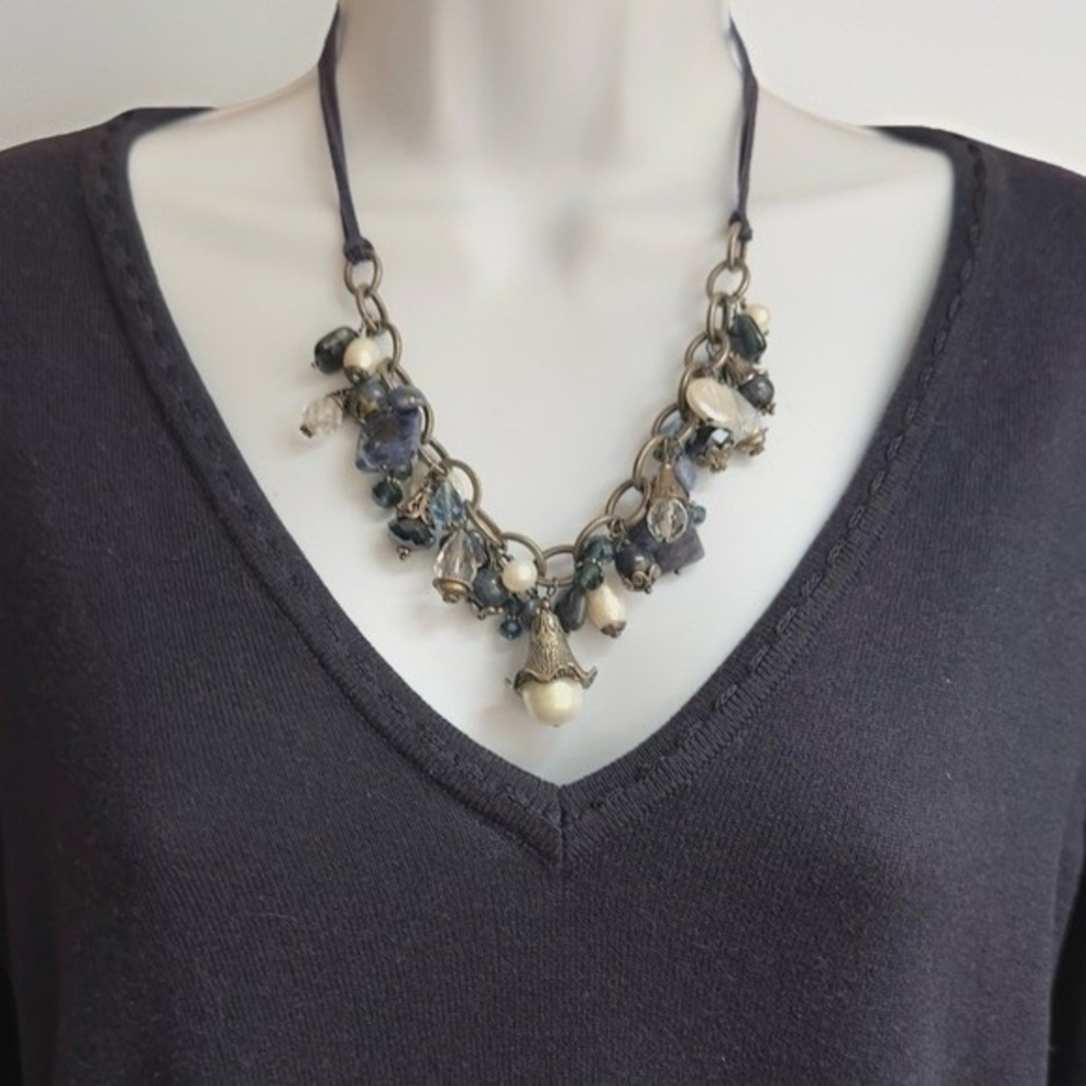 Studio Made Necklace Sterling Silver Pearl & Multicolor Glass Stone‎ Dangles 20"